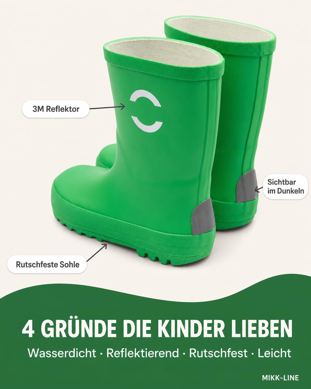 Mikk-line Botas de goma para niños verdes | Botas de lluvia para niños | Botas de goma ligeras | Botas de goma impermeables | Botas de lluvia y botas para niños