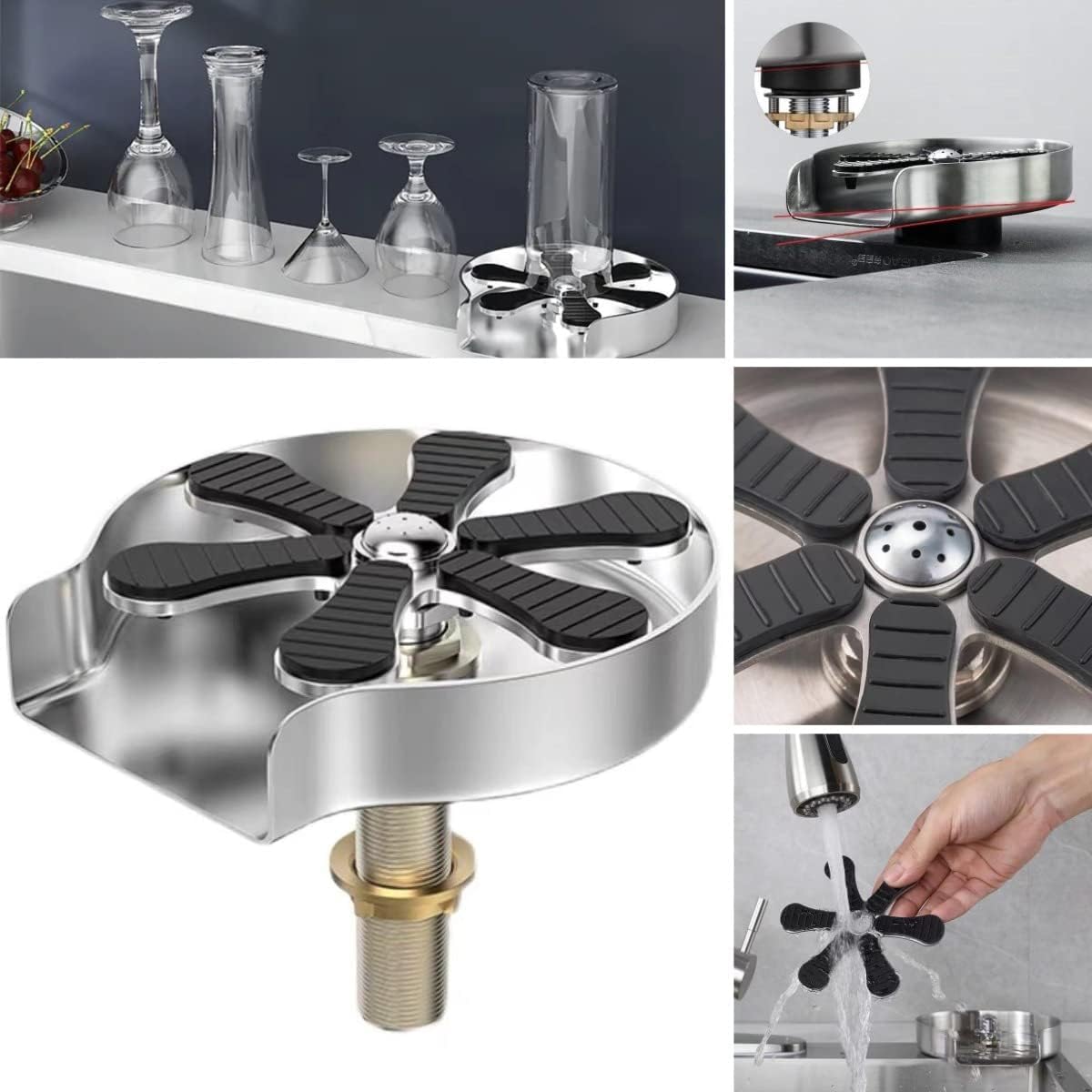 Rince-Verre Évier, Lave-Verre Automatique pour Évier de Cuisine, Bar et Maison, en Acier Inoxydable (Noir)