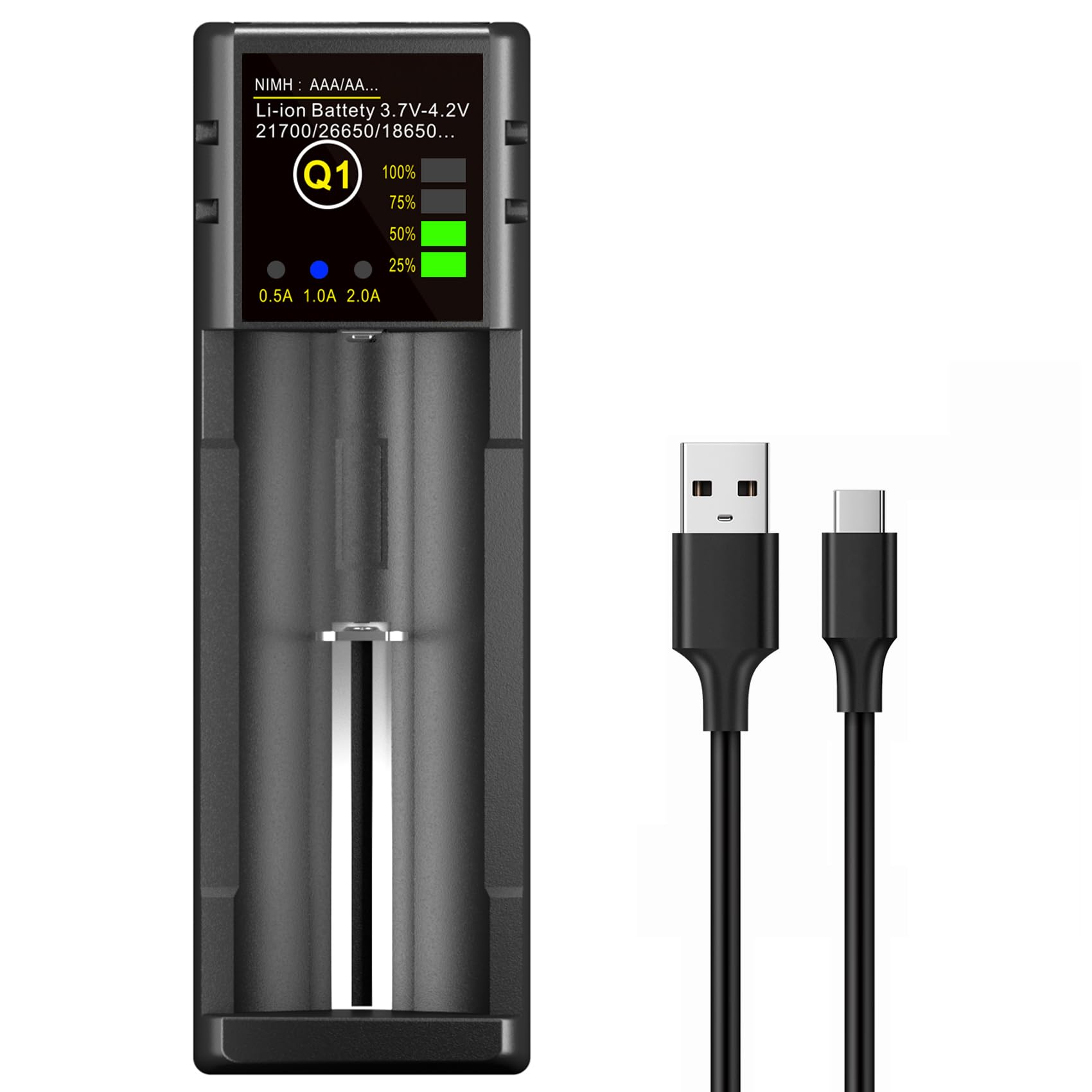 18650 Battery Charger, 1 Bay Battery Charger with Smart LCD Display Fast Charge for Rechargeable Batteries Li-ion NI-MH NI-Cd AA AAA C 21700 26650