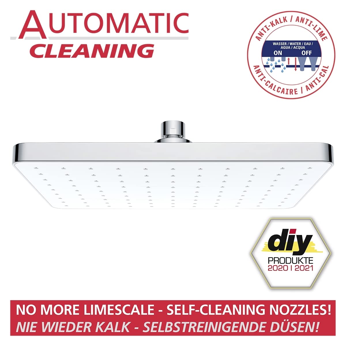 Wenko Doccia a pioggia Automatic Cleaning - Soffione universale con sistema anticalcare automatico, ABS, 17 x 25 cm, Cromo