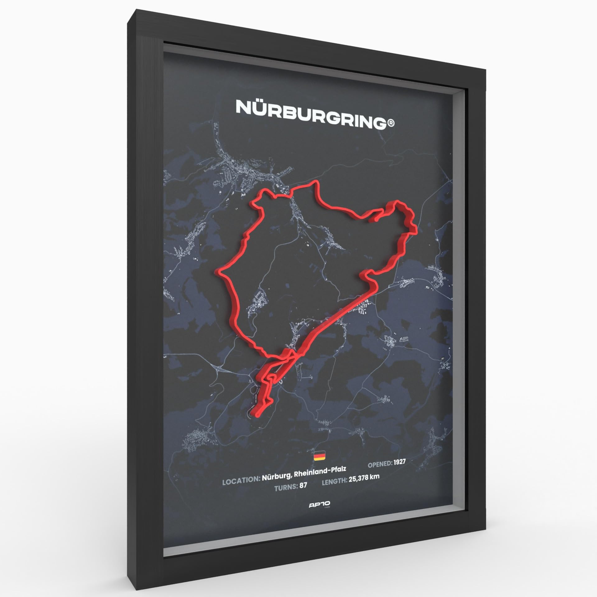 Nürburgring 3D Motorsport A3 Poster im Holzrahmen I Hochwertiger 3D Druck I 2000dpi I 280g Papier I 3D Rennkunst als Deko für Wand, Büro & deinen Schreibtisch oder als Geschenk I Rennstrecken Poster