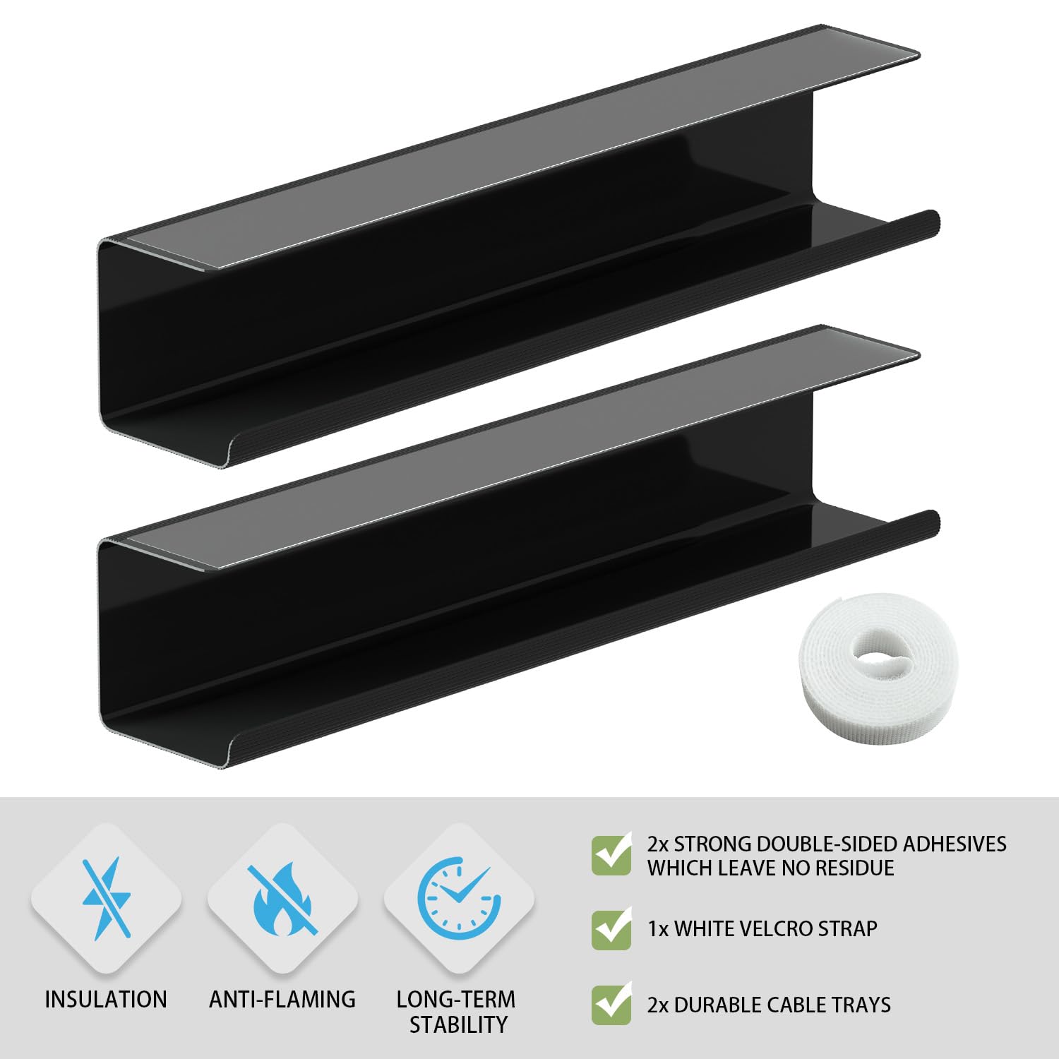 2 Pack No-Screw Cable Management Under Desk, Self-Adhesive Cord Organizer, Wire Management Tray for Office and Home (Black)