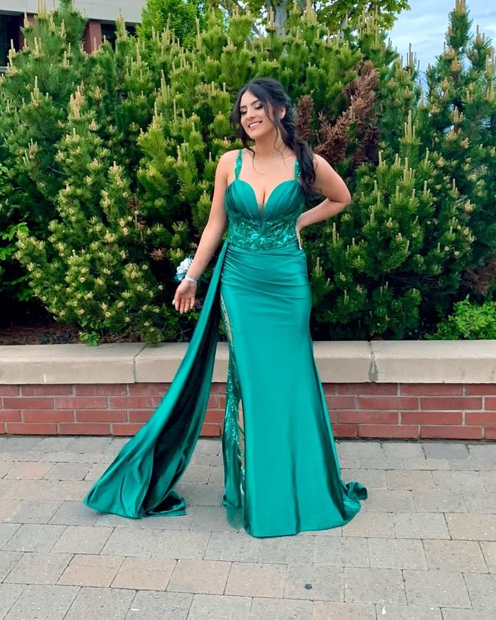 Satin Mermaid Prom Dresses for Women Long Lace Evening Gown with Slit Ruched Bodycon Corset Formal Dress3