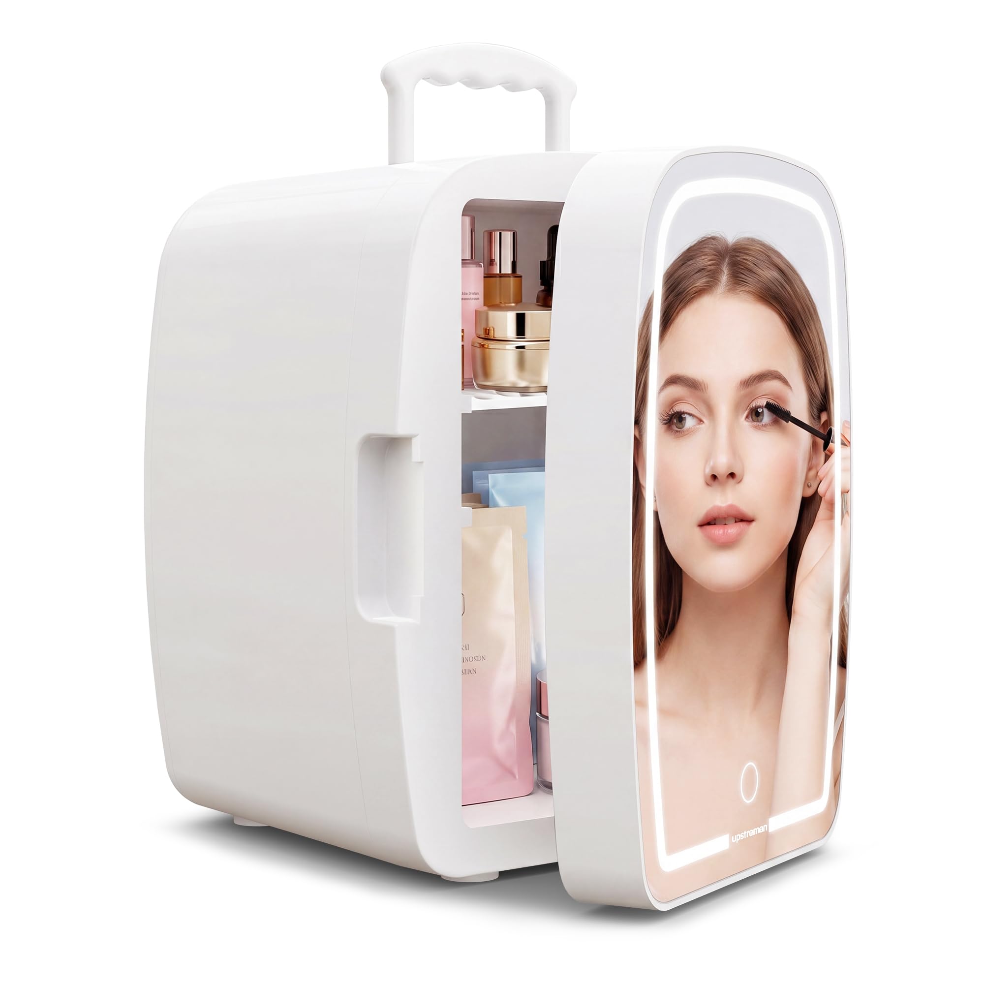 Upstreman Mini Kühlschrank Kosmetik 6L, Mini-Kühlschrank für Make-up, Red bull Getränke, Fläschchen, Leise Tragbar Kühlschrank 3-Stufen LED Beleuchtung, Schlafzimmer, Büro, Wohnheim, Weiß
