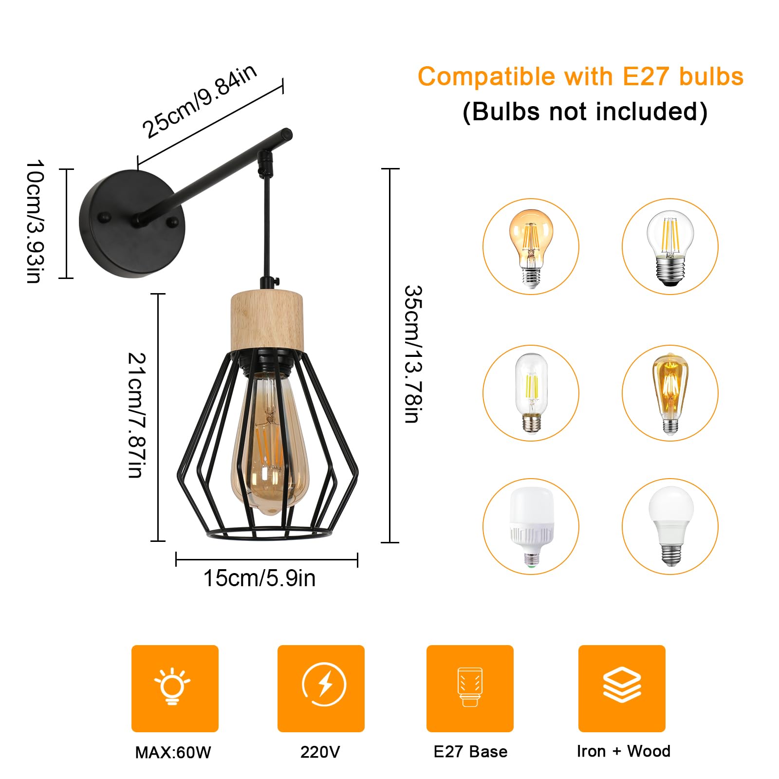 Mckalen Lampada da Parete Interno Vintage E27, Applique da Parete Legno e Metallo, Lampada da Muro Ferro Paralume Gabbia, Nero Applique Scale Industriale per Camera da Letto Soggiorno Corridoio