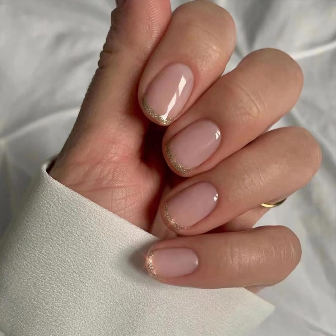 KQueenest Gold Press on Nails Kurz French Tip – Glitzer Nägel zum Aufkleben Kurz Eckig, Sparkle Bling French Tip Fake Nails Set, Quadratische Künstliche Nägel für Frauen, 24 Stück