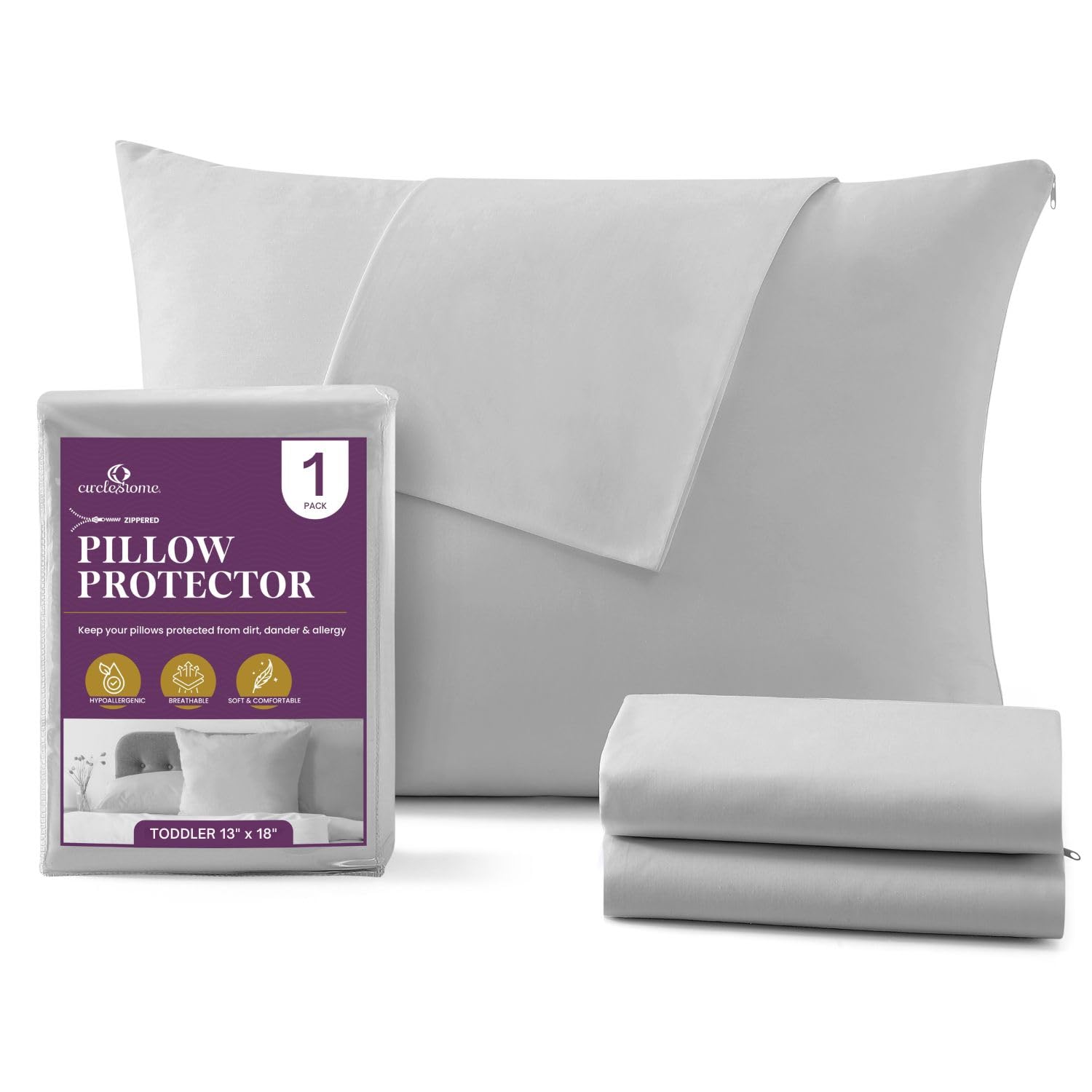 CirclesHome Toddler Pillow Protector with Zipper, Cotton 13x18, Light Grey
