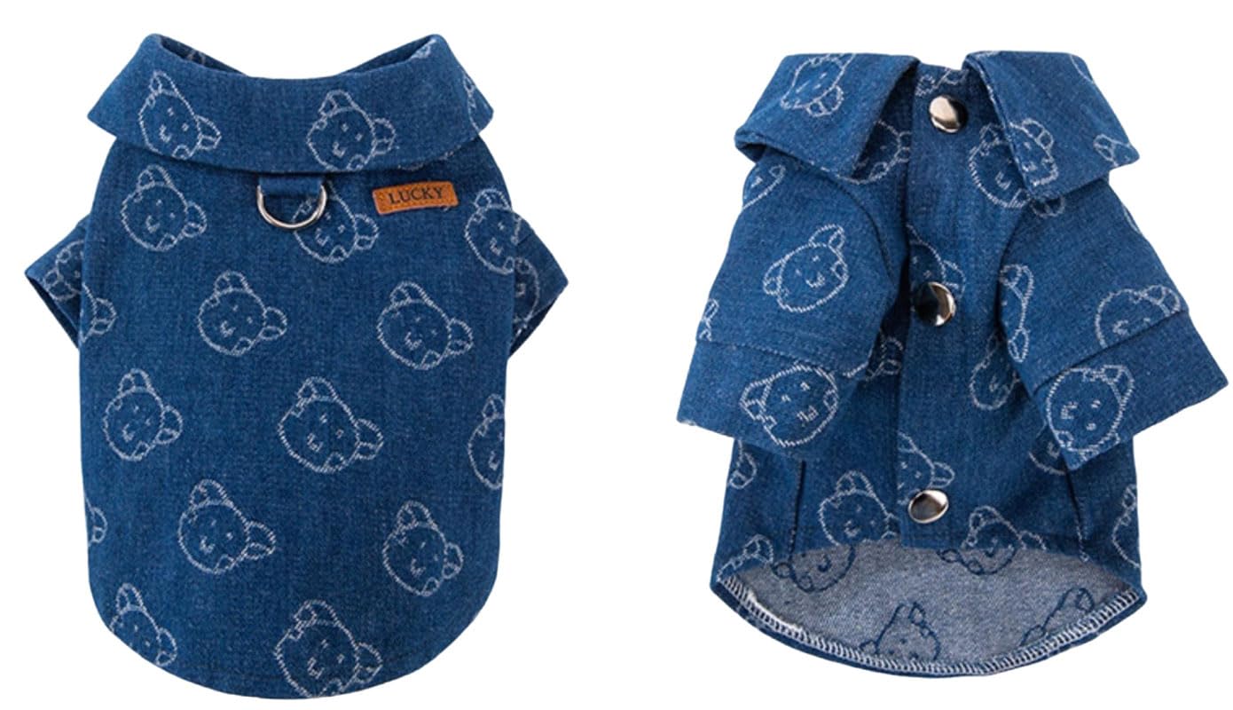 Dog Clothes for Small Dogs - Denim Shirt With Leash Ring, Puppy Sweatshirt, Cat Shirts, Pet Outfits - Dark Blue M