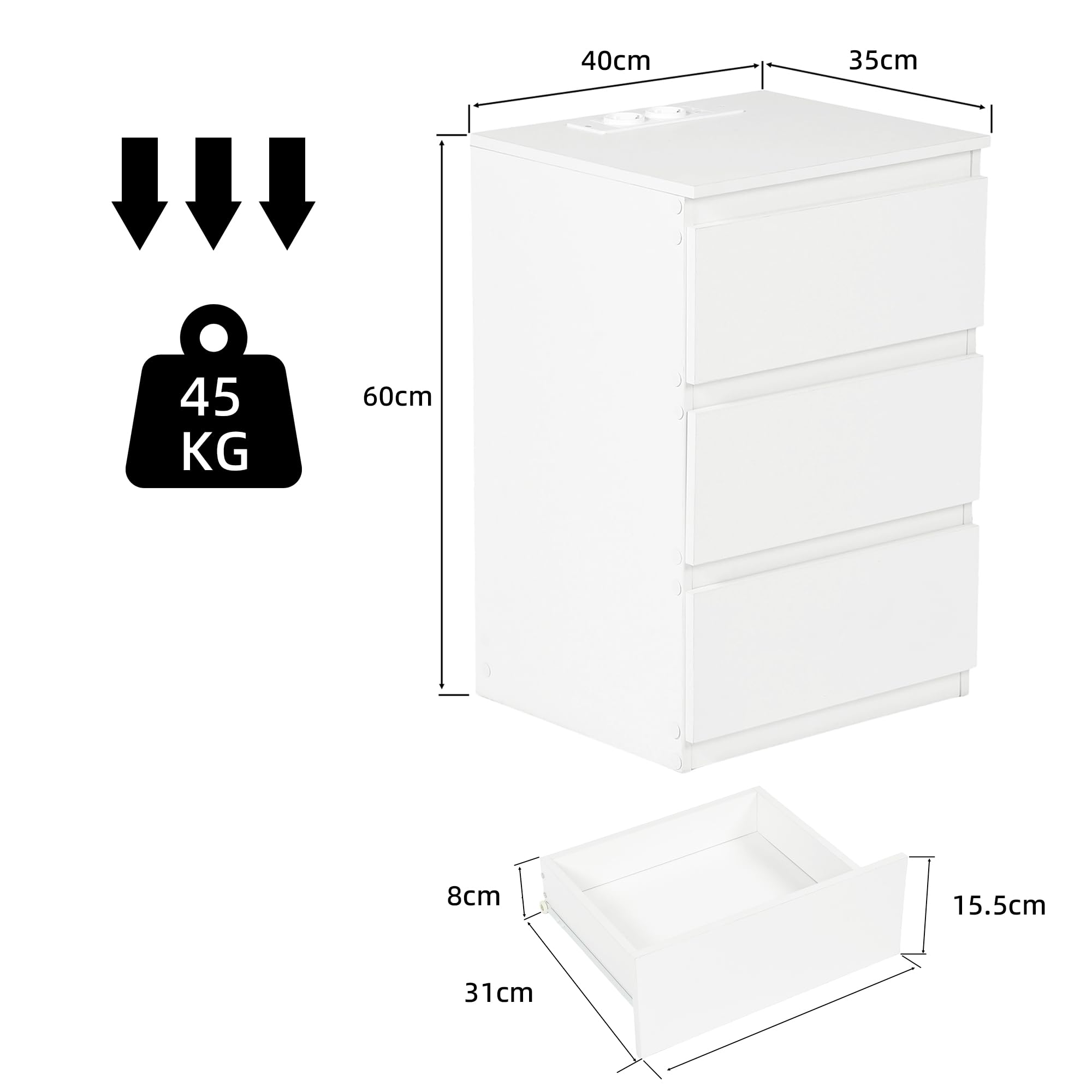 Mesita de Noche con 3 Cajones, Mesilla de Noche Blanca con 2 Enchufes AC y 2 Puertos USB, Mesa Auxiliar con Estación de Carga para Dormitorio y Salón, Moderna, 40 x 35 x 60 cm