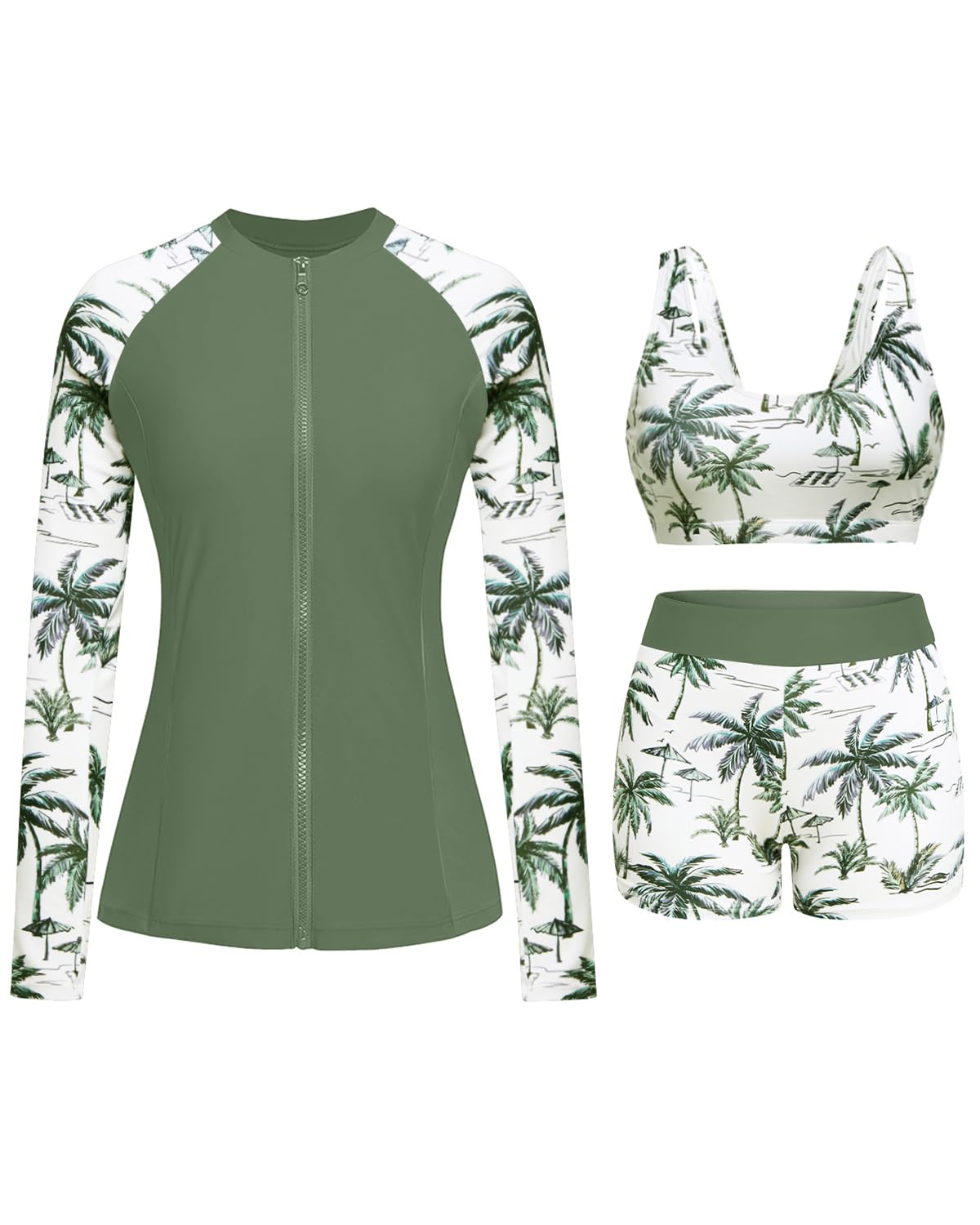 Holipick Long Sleeve Swimsuits for Women - 3 Piece Rash Guard with Shorts Zipper SPF Swim Shirt with