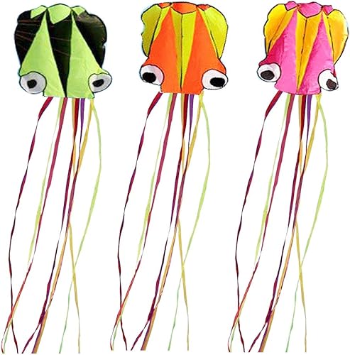 Juego de 3 cometas grandes de pulpo de 157.5 pulgadas de alto con dibujos animados grandes y redondos con cinta colorida y tabla de cometas con