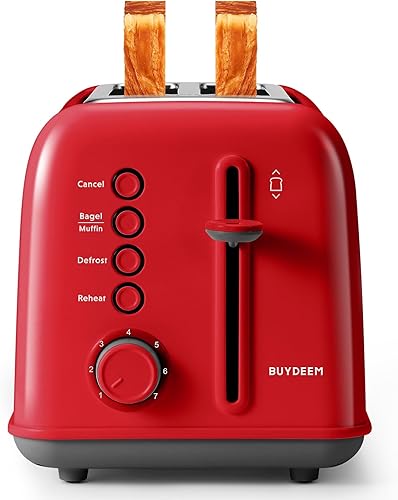 BUYDEEM DT620 Tostadora de 2 rebanadas, ranuras extra anchas, acero inoxidable retro con palanca de elevación alta, función de bagel y muffin,