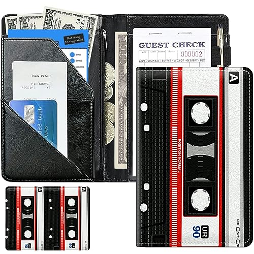 Cassette Tape Cute Server Books for Waitress, Leather Waiter Book Server Wallet with Zipper Money Pocket, 5 * 8 Waitress Ticket Book Holder Restaurant Waitstaff Organizer with Pen Holder Fit