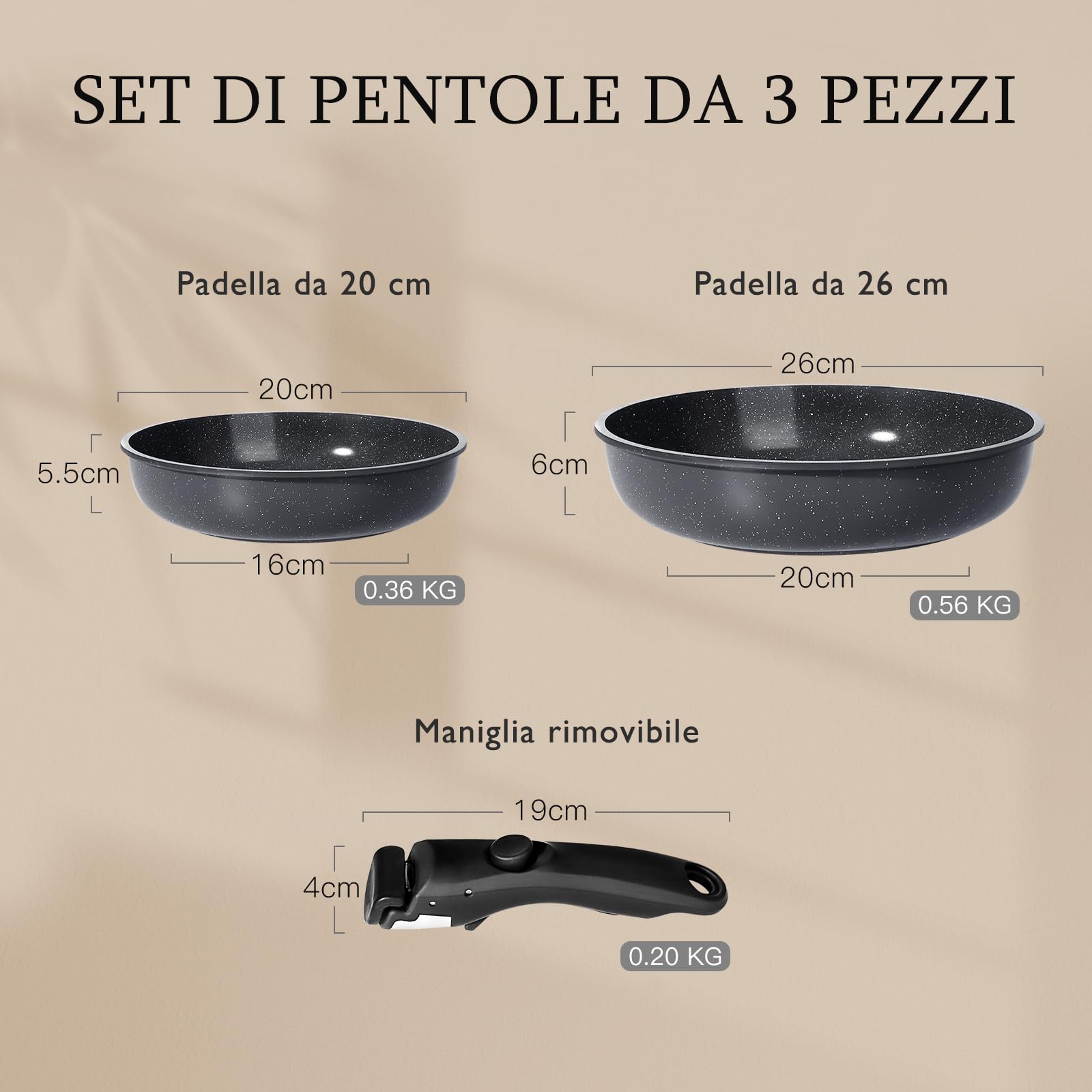 GiPP Set di Pentole e Padelle Ceramiche Antiaderenti 3 Pezzi con Manico Amovibile - Cucina Sana per Camper, Senza Tossine, Compatibile Induzione/Forno/Lavastoviglie