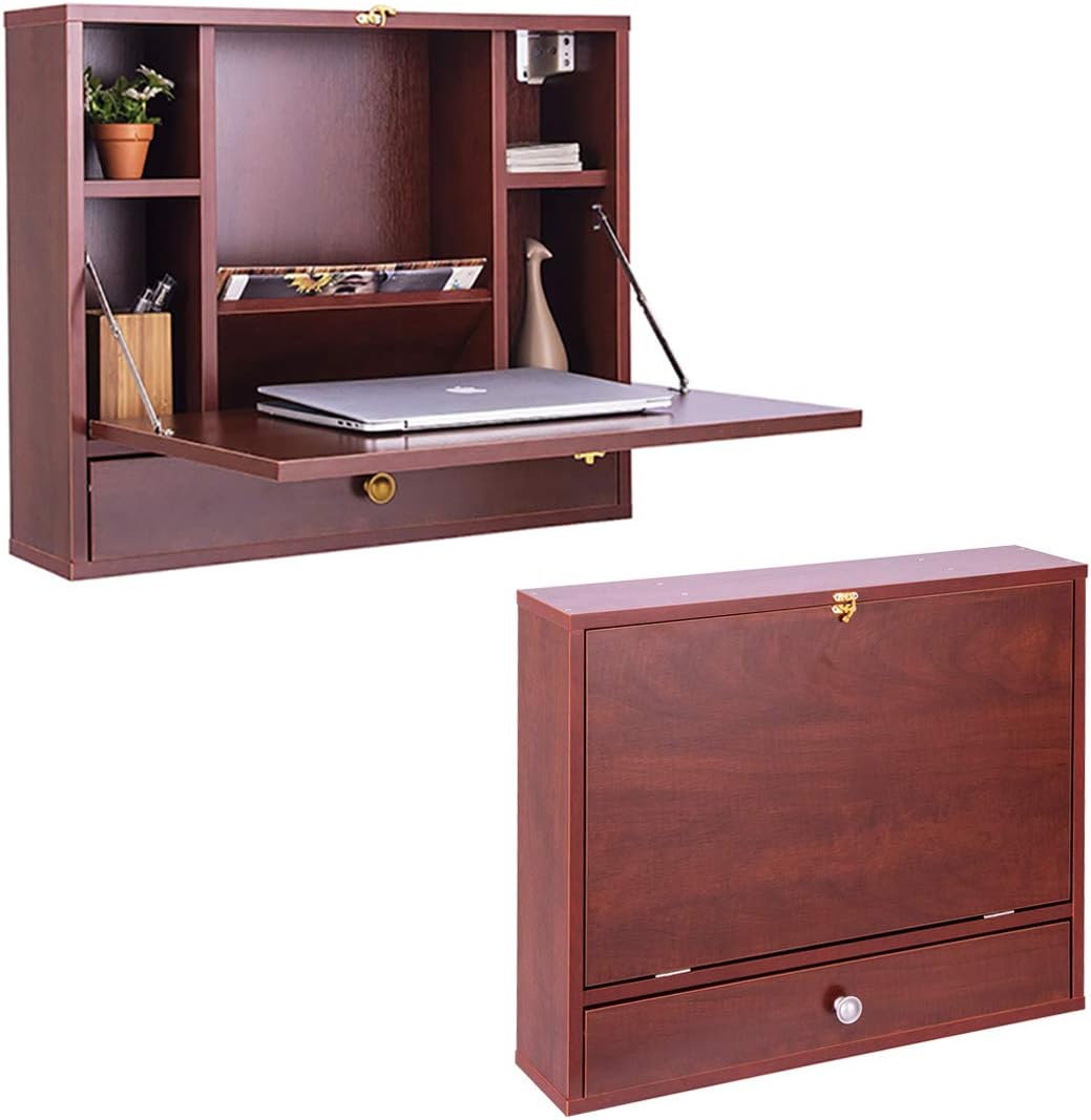 Bureau Mural Suspendu Avec Tablette Rabattable - Gain De Place - Bois, 41x77x51 Cm