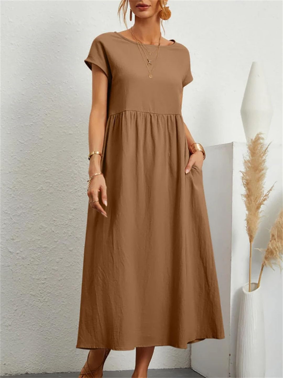 Elegancka sukienka damska, krótki rękaw, okrągły dekolt, vintage, Harajuku, bawełna, len, luźne kieszenie, długa sukienka