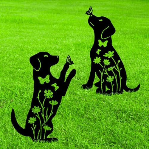 2Pcs Metal Dog Garden Statues HADEEONG Decorative Dog Garden Stakes Black Ornaments Dog Lover Gifts for Lawn Ornaments Yard Patio Outdoor Decorations