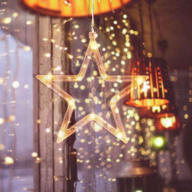 Uonlytech Christmas Hanging Star Window Lights Battery Operated,Warm White Acrylic Window Light with Suction Cup for New Year Wedding Home Christmas Decoration