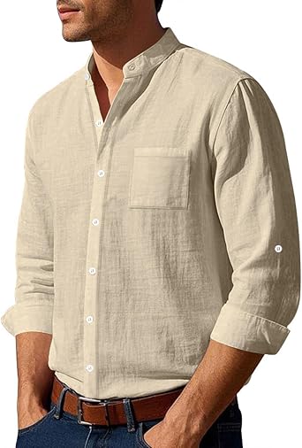Volemo Mens Linen Shirts Long Sleeve Grandad Shirt | Adjustable Cuffs, Band Collar, Chest Pocket, Button Closure, Relaxed Fit, Lightweight Breathable, Beach Holiday Daily Casual