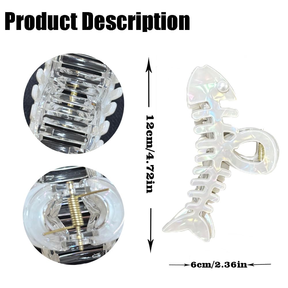 White Fishbone Hair Clips Large Acrylic Fish Bone Shape Hair Claw Clips with Pearl Designs Strong Hold Acetate Hair Barrette Jaw Clips Non Slips Elegant Hair Accessories for Women Girls Hair Supplies