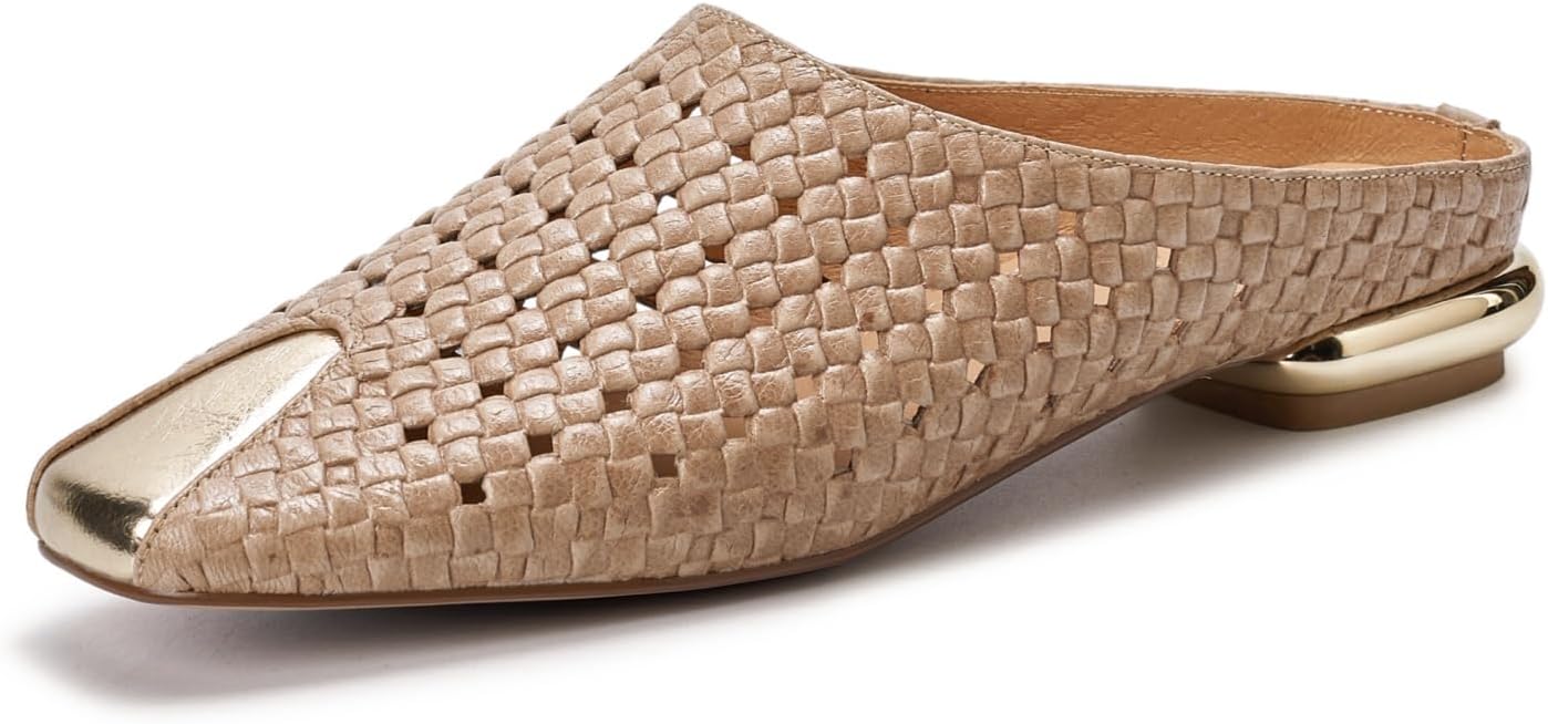 TinaCus Perforated Genuine Leather Women's Flat Mules Handmade Square Toe Slip on Backless Casual Shoes