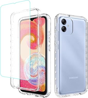 حافظة لهاتف Samsung A04e Case، حافظة Galaxy A03 SM-A042F مع واقي شاشة من الزجاج المقسى، حماية شفافة لكامل الجسم 360 Hard + TPU غطاء مقاوم للصدمات لهاتف Samsung Galaxy A04e Clear