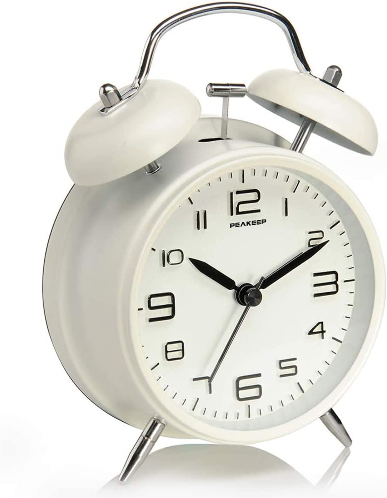 10cm Twin Bell Alarm Clock For Heavy Sleepers, Non Ticking Night Backlight Battery Operated, Vintage Alarm Clock (White)