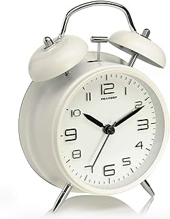 10cm Twin Bell Alarm Clock For Heavy Sleepers, Non Ticking Night Backlight Battery Operated, Vintage Alarm Clock (White)