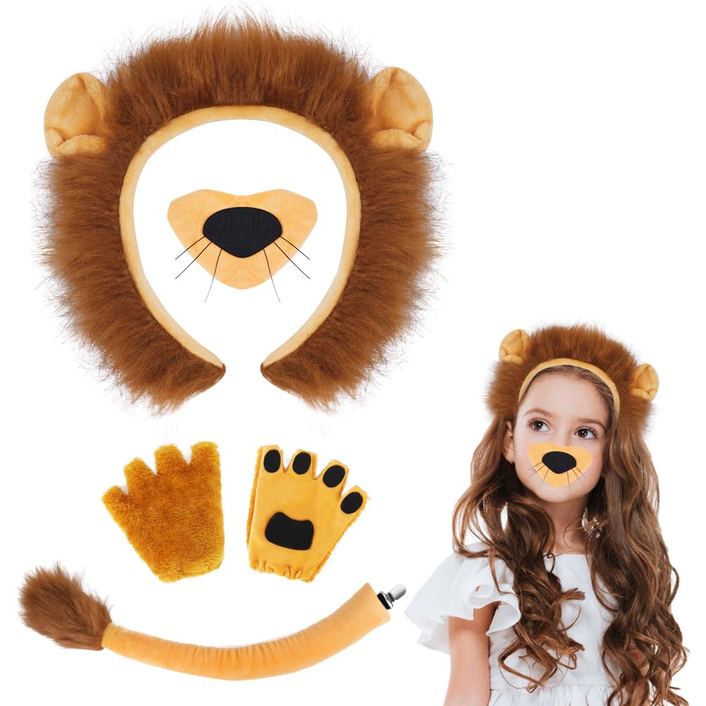 AOOWU Animal Costume Accessories set, 5PCS Lion Ears Headband, Gloves, Nose & Tail Set for Kid and Adult, Animal Fancy Dress for Halloween Birthday Christmas Cosplay Accessory Lion Theme Party Favors — image 1