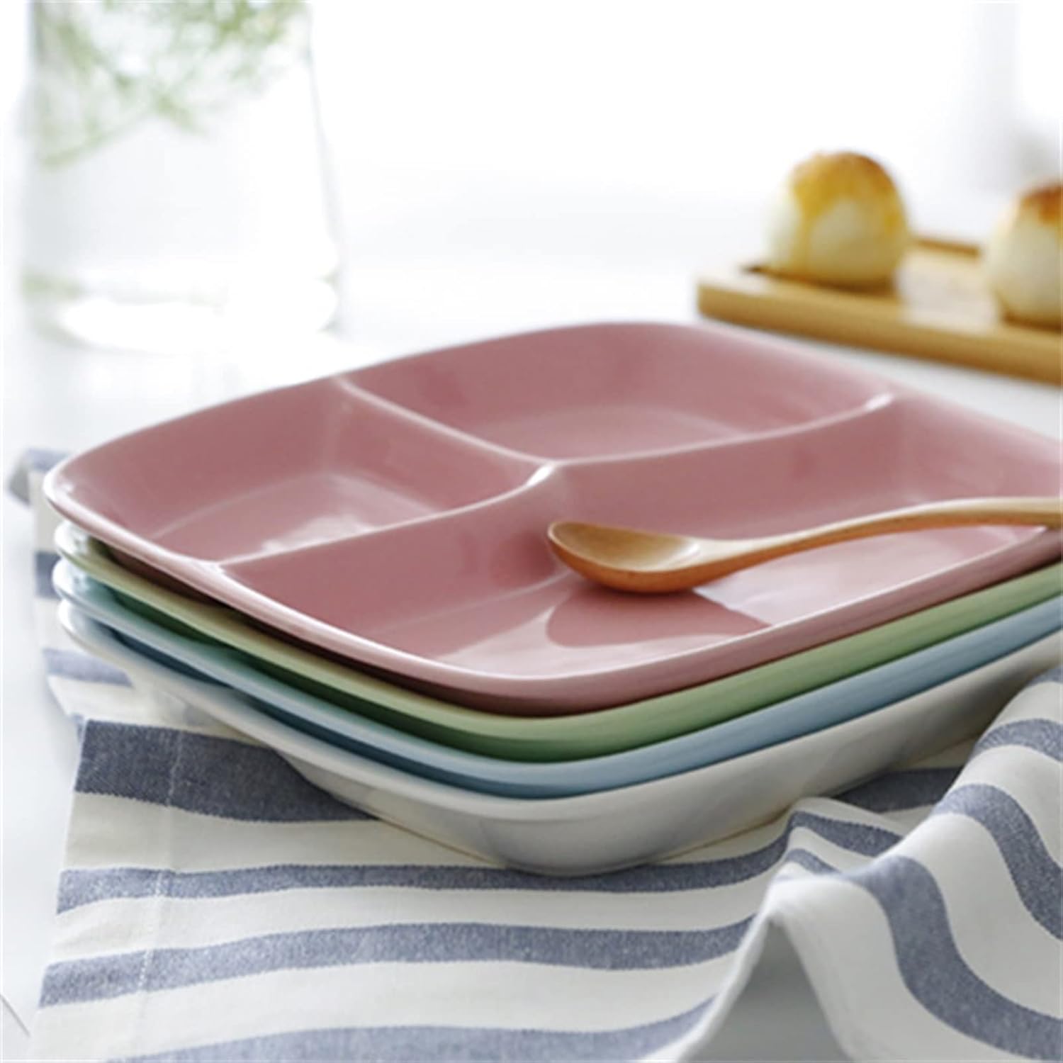 Weight Management Tableware - Deep Diet Plate, 10.8”, Solid Color Divided Heavy Duty Dining Trays with 3 Compartments (Color : Blue)