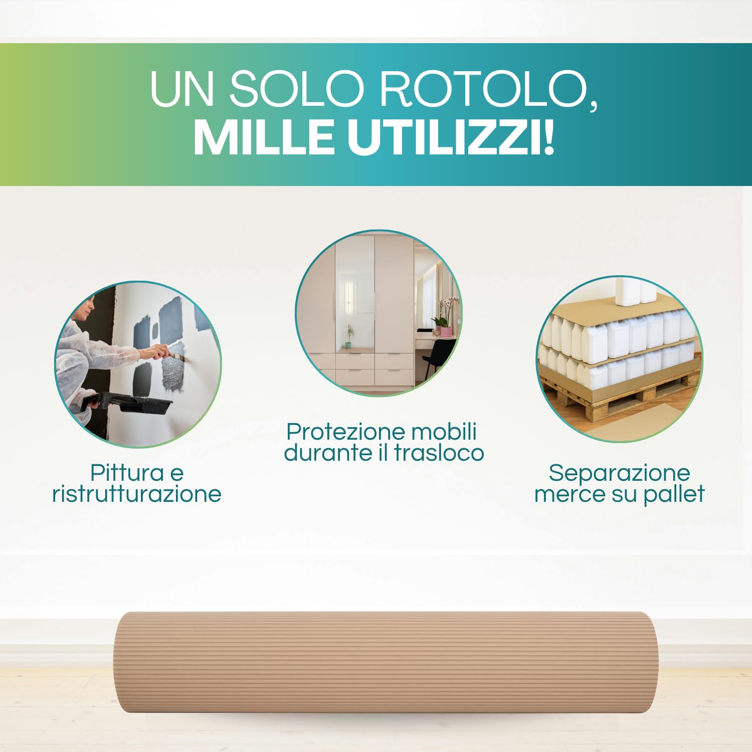 Virsus 1 Rotolo di Cartone Ondulato misura rotolo 1 x 45mt, colore avana, Copripavimenti Eco mascheratura e protezione pavimenti da pittura fai da te