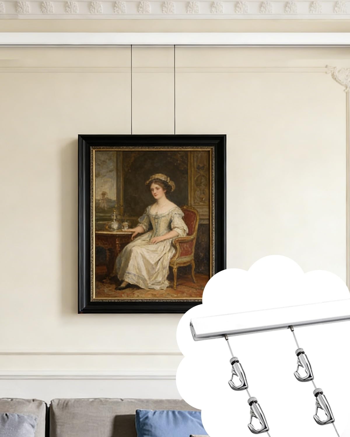 Cimaise pour Tableau Kit de Suspension Lourd pour Tableaux avec Anneaux D, Vis et Fil d'Acier, Système Rail Réglable d'Affichage pour Photos Famille, Max 66 Livres(1 m/3.3' cable,1.1 m/3.6' track)