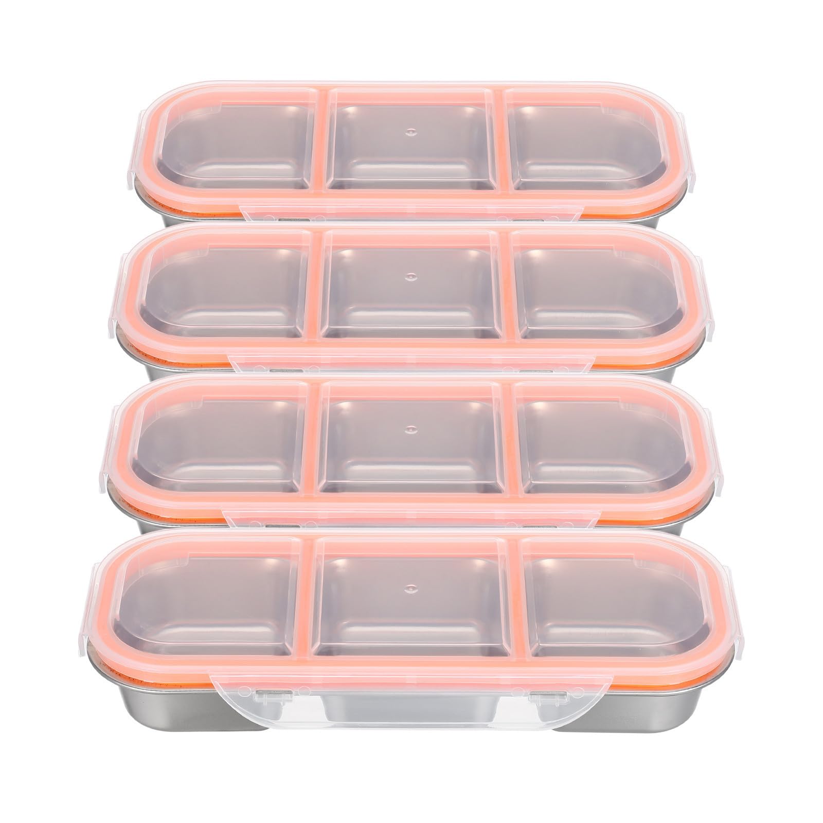 4 Stück-pack Edelstahl Snackbox mit 3 Fächern und 600ml Deckel | Luftdichter Verschluss, Rostbeständig und Leicht zu Reinigen, für Schule, Familie und Portionen