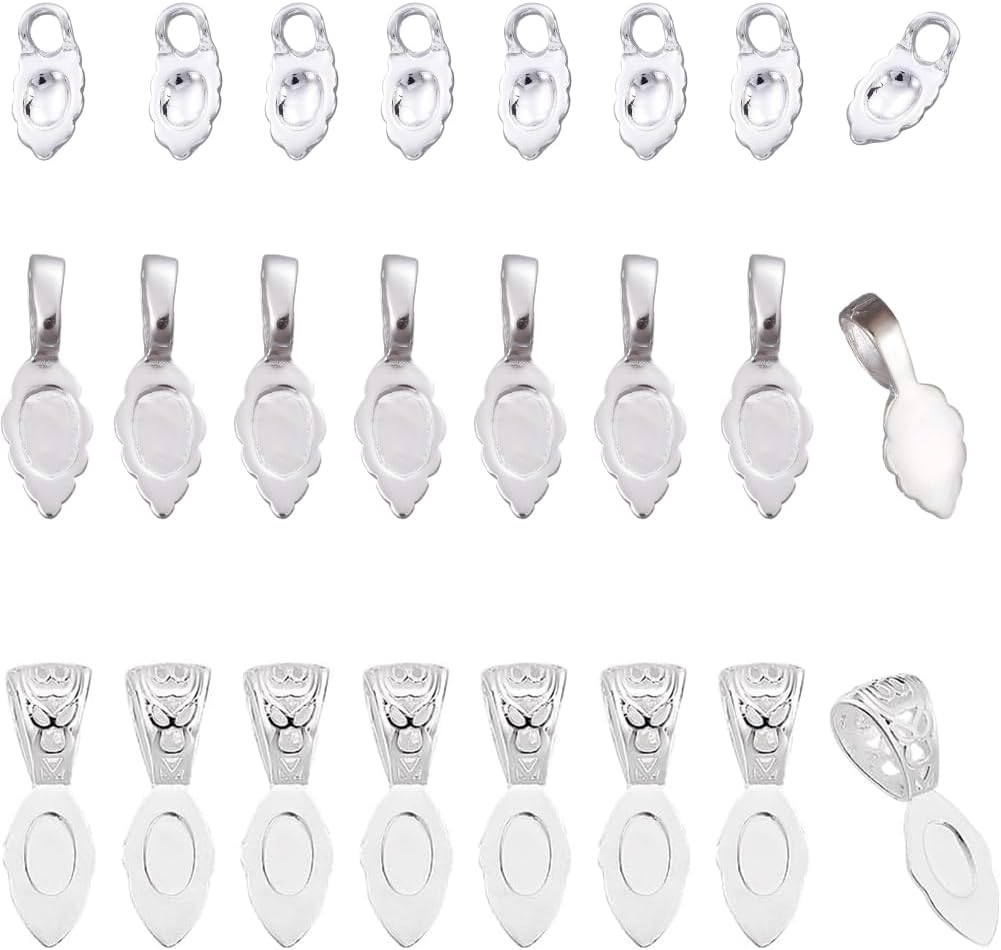 PH PandaHall 30Pcs 3 Styles Silver Glue on Bails Charm Pendants Brass Jewelry Bails Necklace Bails Earring Bails Small Spoon Charms Flat Pad Bails for Pendants Necklace Earring Jewelry Making, 13~25mm