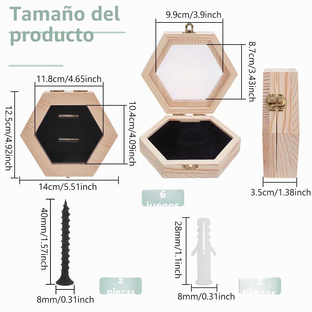 PH PandaHall Juego de 6 soportes de madera para medallas hexagonales, caja de almacenamiento de medallas, caja de medallas de montaje en pared con esponja para deportes, maratón, carreras,
