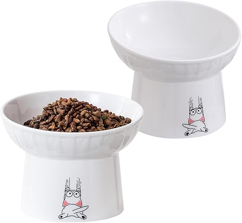 AOMRYOM Juego de 2 cuencos elevados de cerámica inclinados extra anchos de 6.5 pulgadas, cuencos elevados para alimentos y agua para gatos mayores