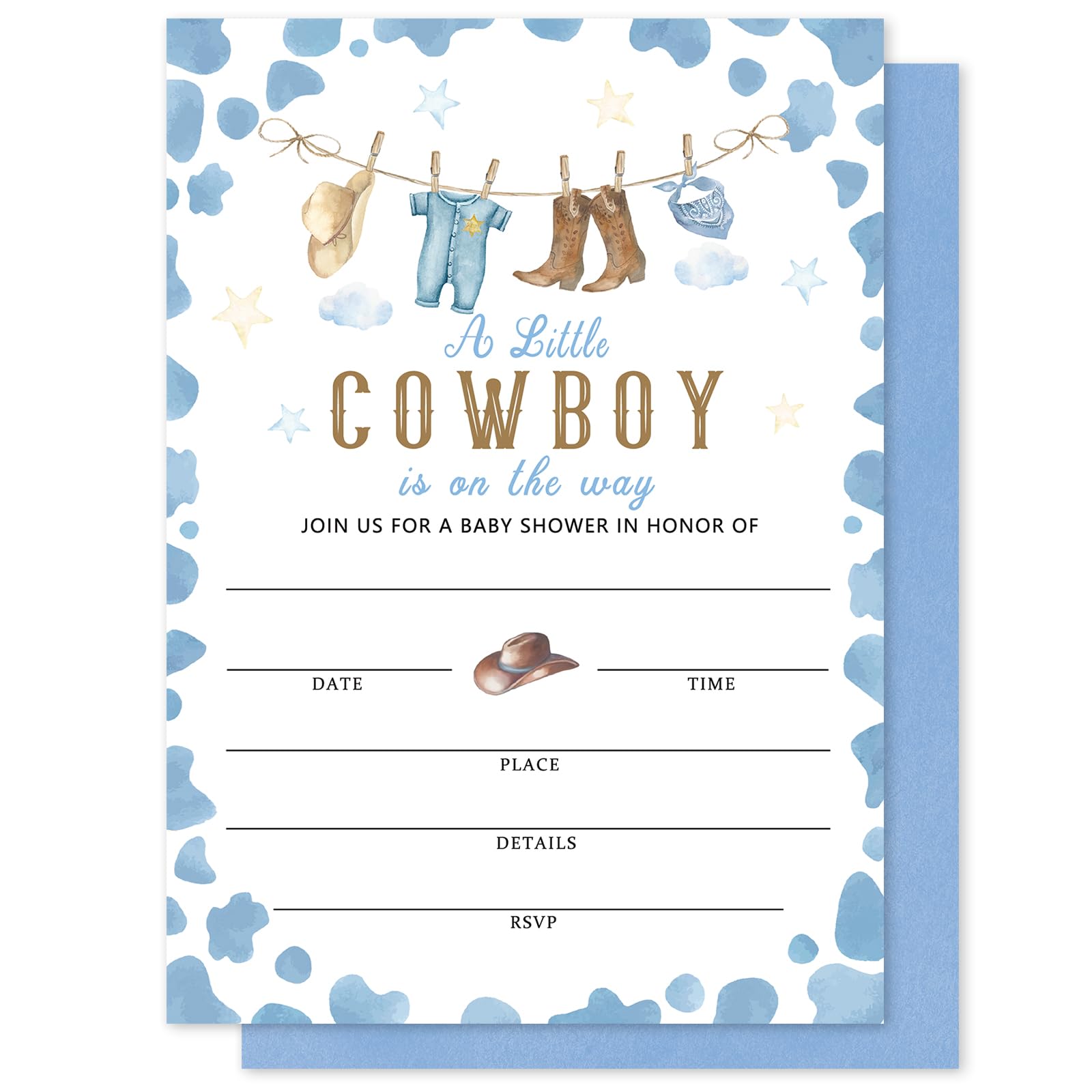 Invitaciones de vaquero para baby shower azul de 5x7 con sobres y pegatinas pack de 25 8