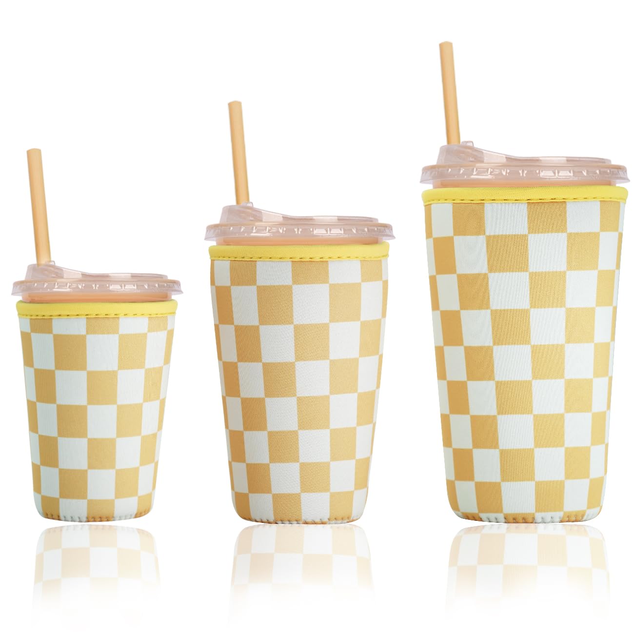 Reusable Insulated Neoprene Iced Coffee Cup Sleeve, Durable Drink Sleeve for Cold Beverages, Beverage Holder for Iced Coffee (Yellow Checkers)