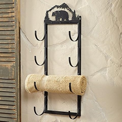 Black Forest Décor - Bear Wall/Door Mount Towel Rack with Metal Art Bear & Mountain Scene - 10" W x 5" D x 27" H Cover