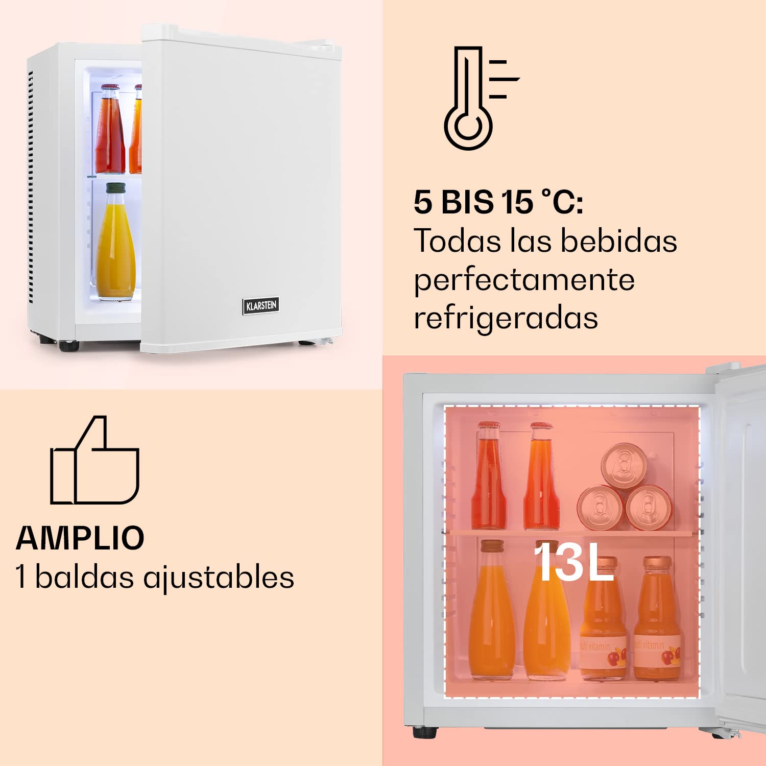 KLARSTEIN Nevera Pequeña para Habitación, Mini Nevera Comida, Bebidas, Cerveza, Cosméticos, Frigirificos Pequeños Casa y Oficina, Neveras Pequeñas 13L Estantes Ajustables, Silenciosa