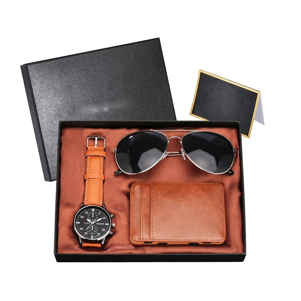 HMTE Set di Orologi da Uomo con Confezione di Carte, Occhiali da Sole alla Moda, Regalo di Compleanno, Set di Orologi da Polso da Uomo (Color : A) (B)