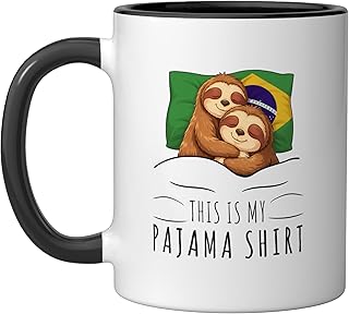 Brazilian Flag Pajama Sleeping Sloth Sleepover Brazil Ceramic Mug, Black/White
