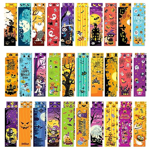 MWOOT 30 Pezzi Segnalibri di Carta di Halloween, Clip di Pagina a Doppia Faccia, Paper Bookmarks Creativa per Amanti dei Libri, Studenti, Premi in Classe, Bomboniere, Borsa Regalo (15x4CM)