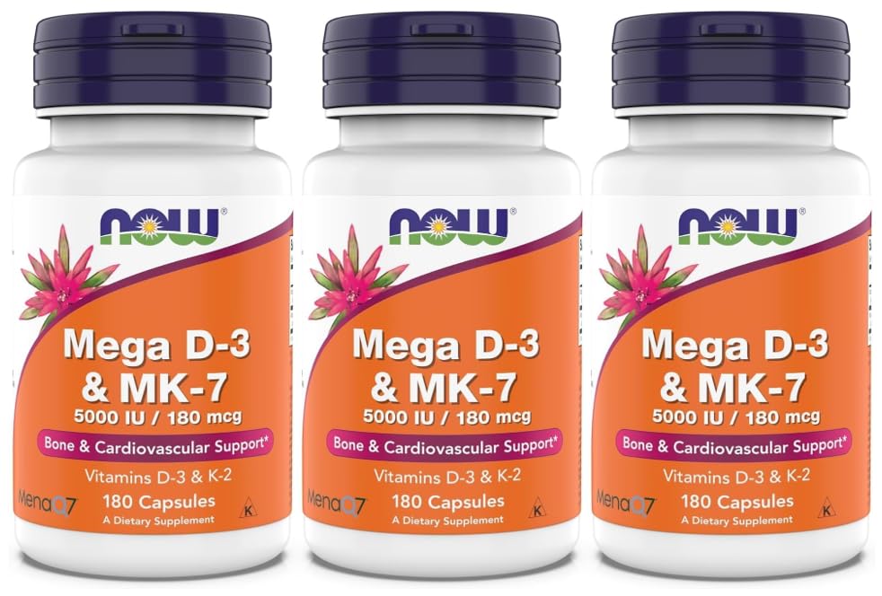 Image of Now Supplements, Mega D-3 & MK-7, 5000 IU / 180 mcg, Bone & Cardiovascular Support*, Vitamins K-3 & K-2, 180 Capsules (180 Count (Pack of 3))