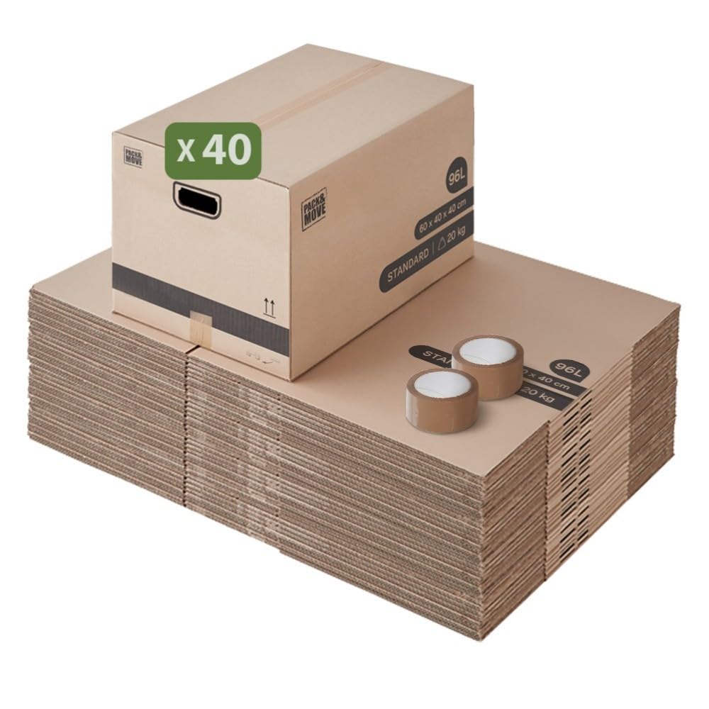 Pack and Move - Lot 40 cartons déménagement L larges - 40 x 60 x 40 cm - Poignées renforcées - 2 adhésifs offerts