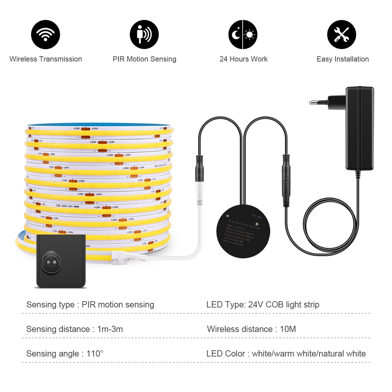 AIMENGTE COB LED Strip, mit 2 Bewegungsmelder, 5M Warmweiß Led Streifen, hochhelliges flexibles Bandlicht Für Schrank,Küche,Wohnzimmer,Schlafzimmer,Treppe