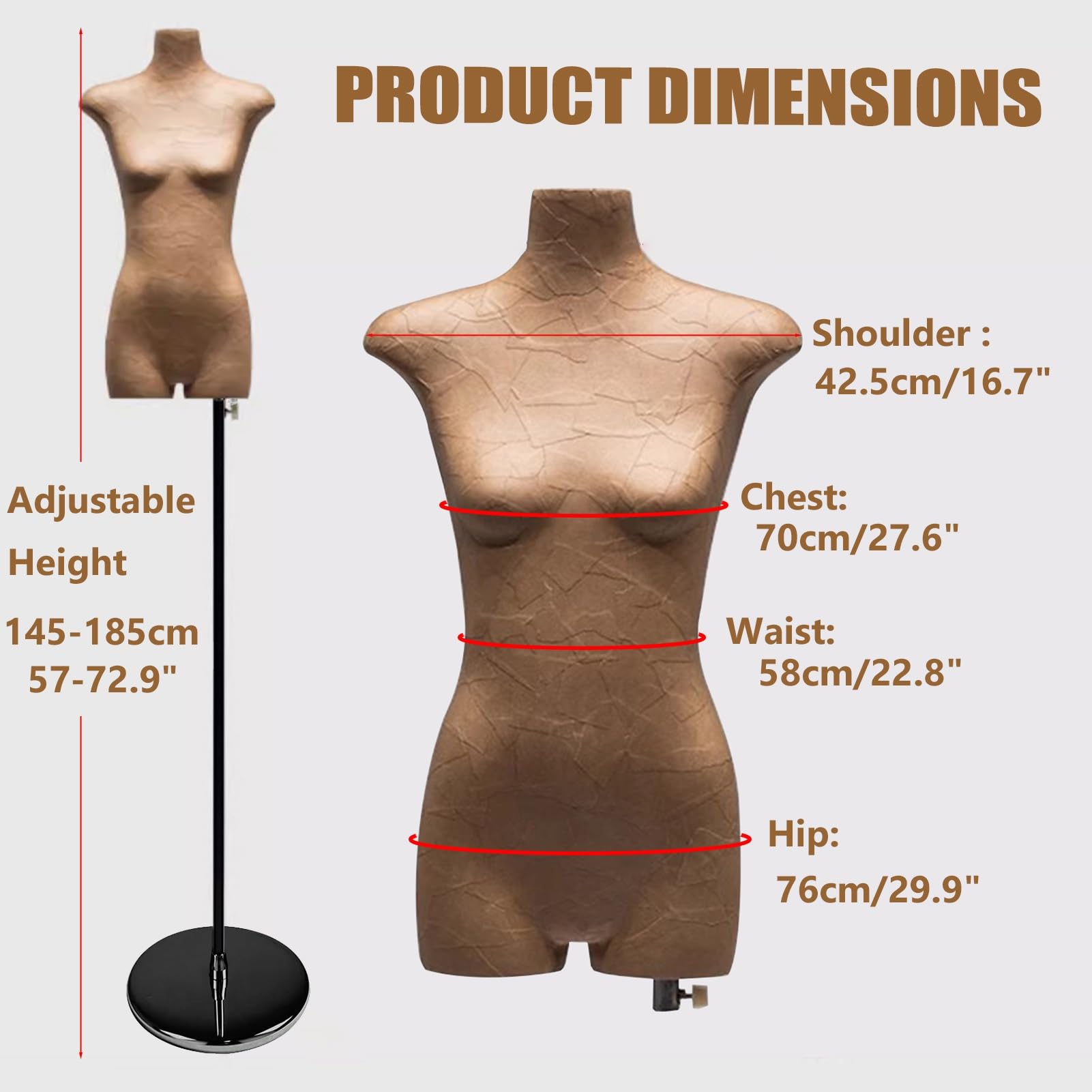 Mannequin Couture Mannequin De Vitrine Femme, Bras Rotatif Et Amovible, Hauteur Réglable 145-185 Cm pour Boutiques De Vêtements(Round Base)