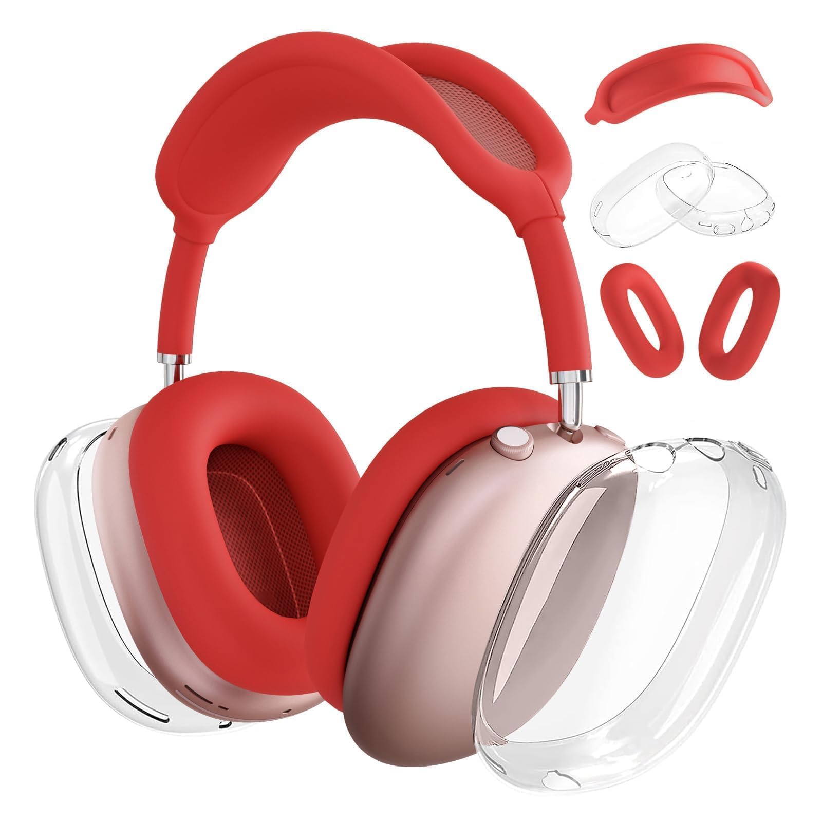 Woyinger Silicone Case for AirPods Max (2024/2020), Clear Soft TPU Ear Cups and Headband Cover, Transparent Accessories for Apple AirPods Max (USB-C/Lightning), Red