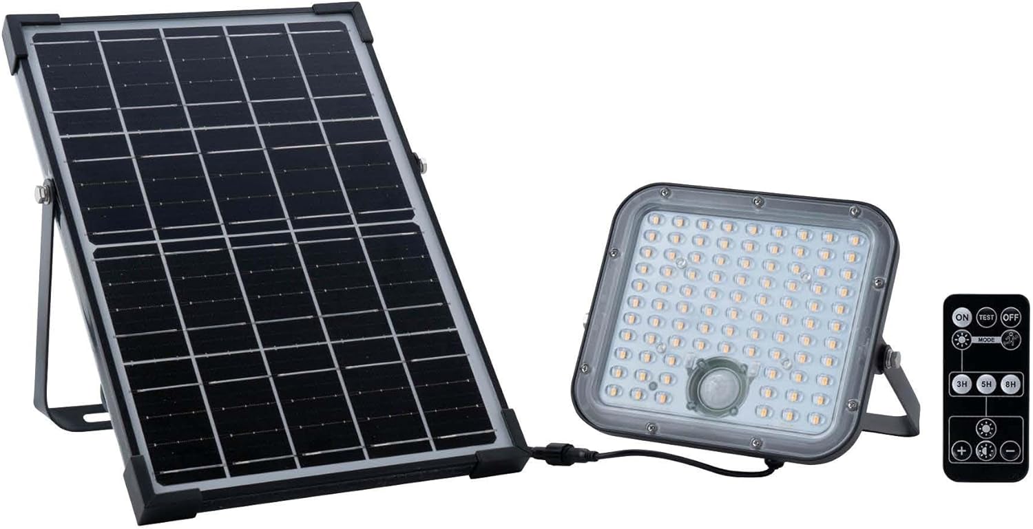 Ledvion Solar LED Projector components including solar panel, LED light, and remote control