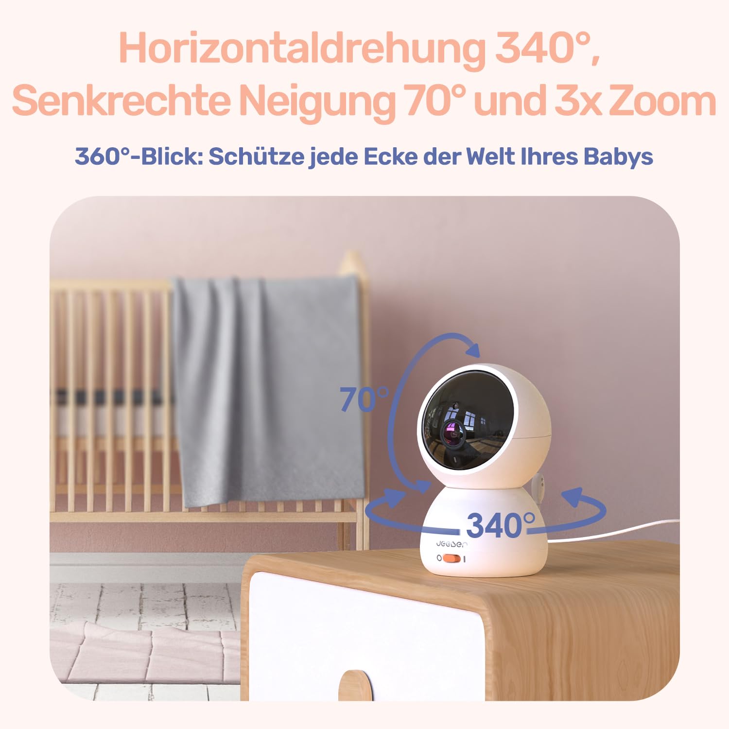 360 Grad Babyphone mit Kamera, 4'' IPS WLAN Video Babyfon, Nachtsicht, 2 Wage Audio, Bereich alarme, Temperatur, 500m hohe Reichweite Baby Kamera und APP ohne ABO